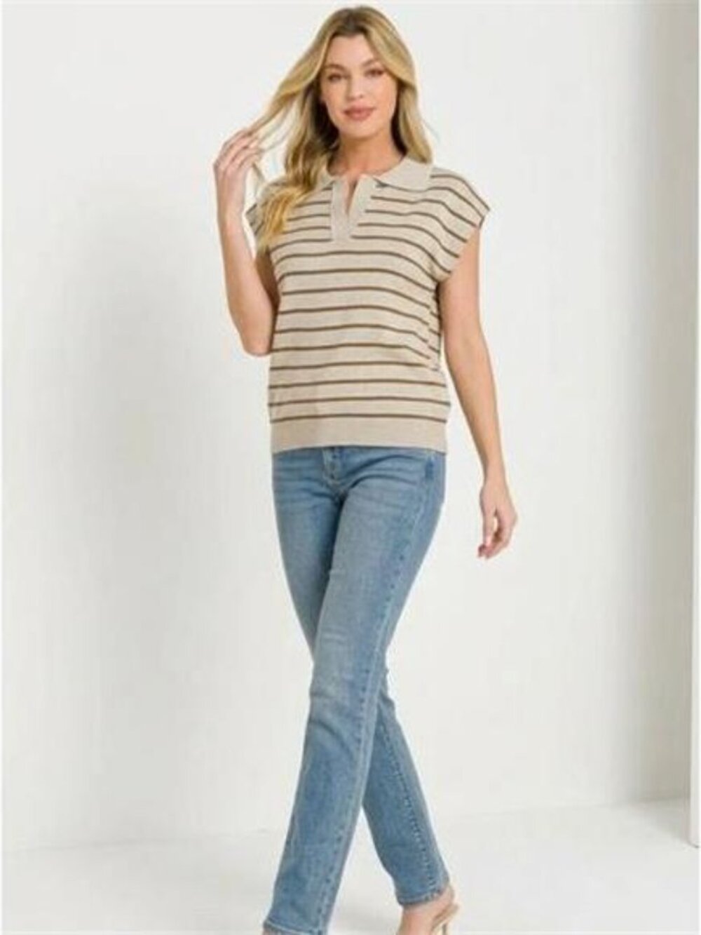 Zenana Viscose Striped Collared Sweater Vest - Picture 2 of 2